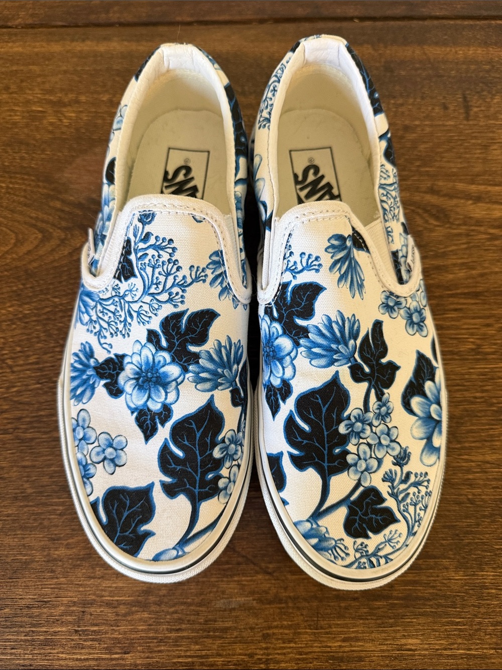 Vans Women’s Slip-On Sneakers — White with Blue Floral Print